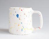 Big Ceramic Mug 10 oz, Tea Cup Colorful with Drops, White Mug, Handmade Mug, Pottery Mug, Unique Modern Mug, Housewarming, Mug with Handle