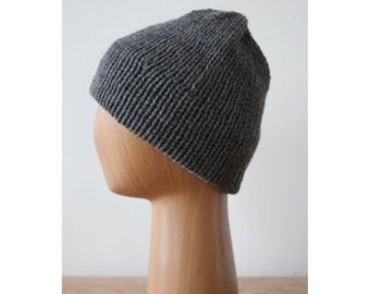 100% wool hand knit double brim beanie - Color : Charcoal - Made in Canada