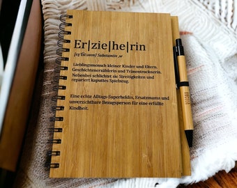 Erzieherin Erzieher Geschenk Kita Abschied mit Namen Holz Bambus Notizbuch