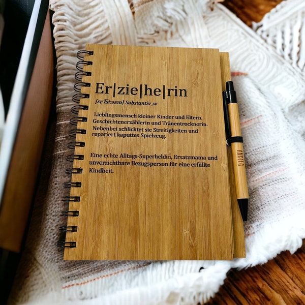 Erzieherin Erzieher Geschenk Kita Abschied mit Namen Holz Bambus Notizbuch