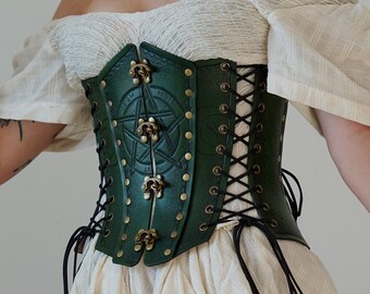 Emerald sorceress corset | Leather under-bust corset | Handmade tooled | green leather corset