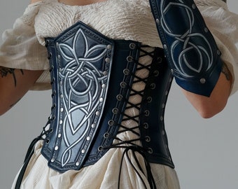 Royal blue elven corset & arm bracer | Leather under-bust corset | Handmade tooled | blue leather corset