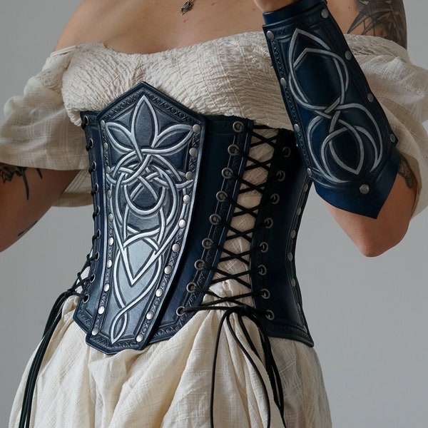 Royal blue elven corset & arm bracer | Leather under-bust corset | Handmade tooled | blue leather corset