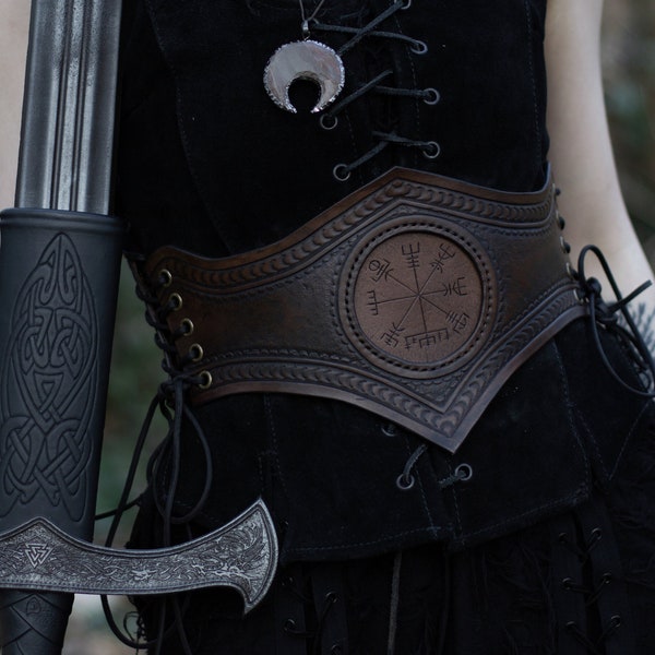 Handmade Tooled Leather Viking Belt: Corset Waist Cincher