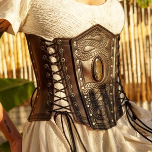Serpent corset | Leather under-bust corset | Handmade tooled | brown leather corset | labradorite stone