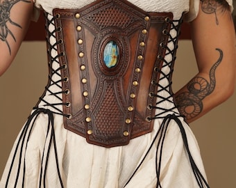 Dragon queen dark brown leather corset with labradorite stone inlay