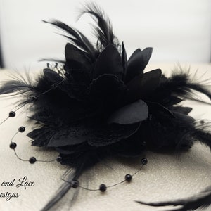 Black Corsage for Wrist Dress Prom Homecoming or Wedding with Satin Lace Pearls and Feathers Bracelet and Wrist Tie Options avail 4 dia image 2