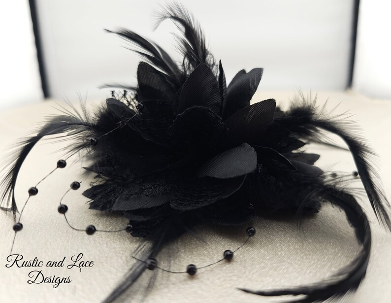 Black Corsage for Wrist Dress Prom Homecoming or Wedding with Satin Lace Pearls and Feathers Bracelet and Wrist Tie Options avail 4 dia image 2