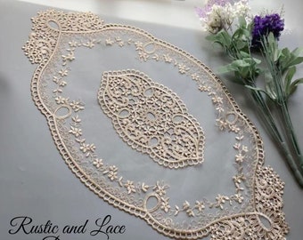 Light Ecru Net Lace Table Doily with a Hint of Champagne Gold, Delicate Embroidering, and Net Lace (20.5" x 11.5" inches)
