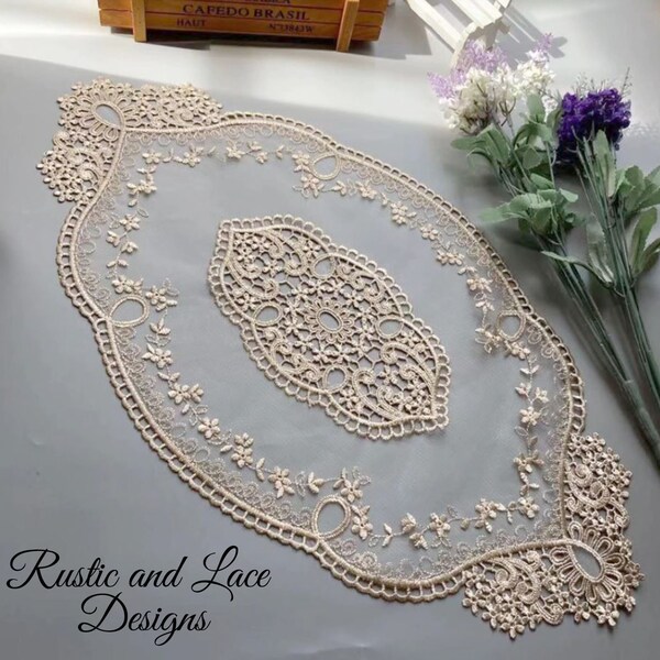 Light Ecru Net Lace Table Doily with a Hint of Champagne Gold, Delicate Embroidering, and Net Lace (20.5" x 11.5" inches)