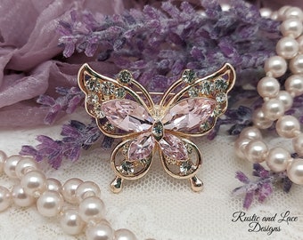 Butterfly Embellishment w/ Pink Rhinestones and Beautiful Scrollwork Set in Gold ~ For Use on Craft Projects, Vase, Frame, Etc. (1.5&quot;x1.75&quot;)