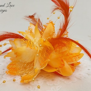 Orange Feather Corsage for Wrist Dress Prom or Wedding with Satin Lace Pearls & Feathers (Bracelet and Wrist Tie Options avail) (4" dia)