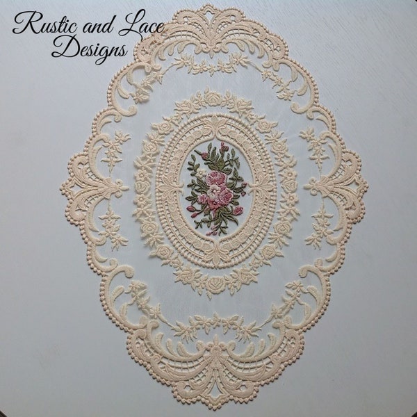 Creamy Vanilla Oval Doily with Net Lace, Scalloped Edges, and Soft Pink & Mauve Flowers Embroidered in the Center (*Several Sizes Available)