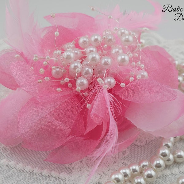 Pink Corsage made with Organza, Matching Feathers, and a Pearl Center for Wrist Dress Prom or Wedding (4" diameter) (M) ~ Ready to Ship