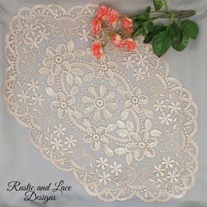 Light Ecru Beige Hollow Lace Oval Doily with a Hint of Gold 12 x 18 inches image 1