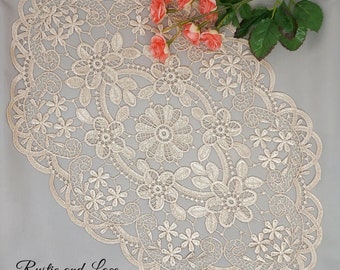 Light Ecru Beige Hollow Lace Oval Doily with a Hint of Gold (12" x 18" inches)