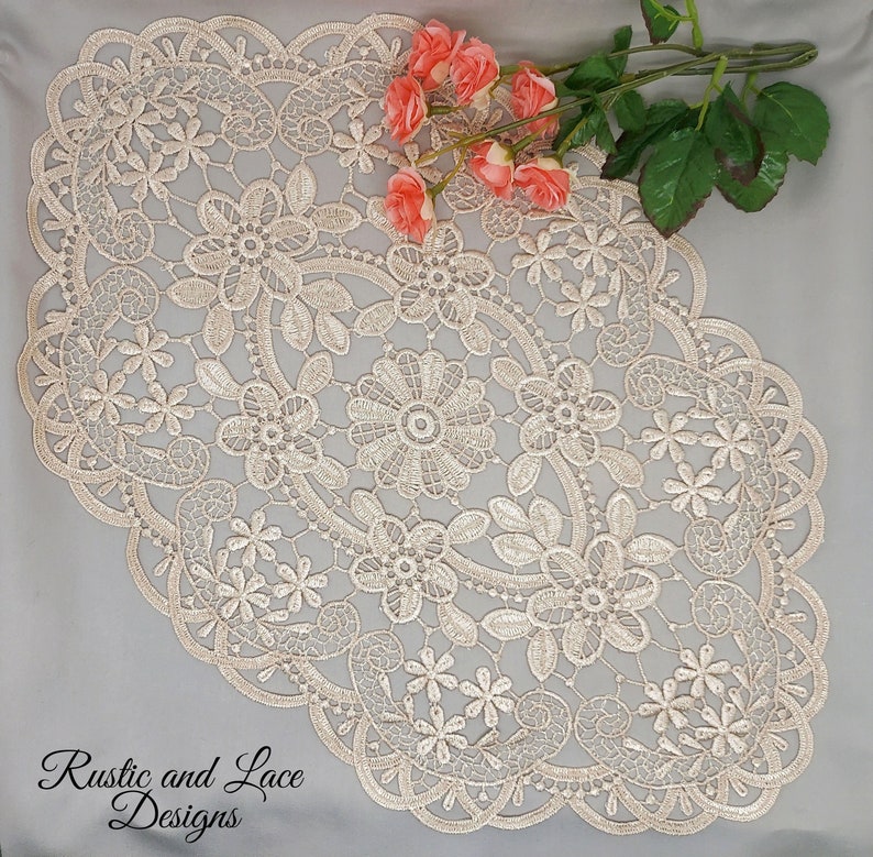 Light Ecru Beige Hollow Lace Oval Doily with a Hint of Gold 12 x 18 inches image 1