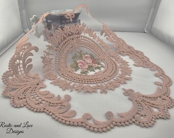 Vintage-Inspired Round Dusty Pink Doily w Net Lace, Scalloped Edges, Intricate Embroidering, Mauve and Pink Flowers in Center (11"x11.5" in)