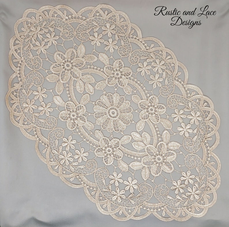 Light Ecru Beige Hollow Lace Oval Doily with a Hint of Gold 12 x 18 inches image 5