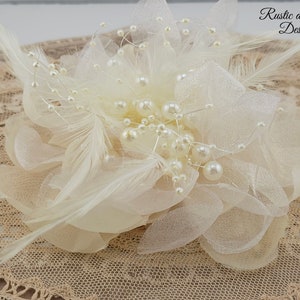 Cream Ivory Corsage with Organza, Matching Feathers, and Pearl Center for Prom Wedding Homecoming Dance, or Special Occasion (4" dia.) (M)