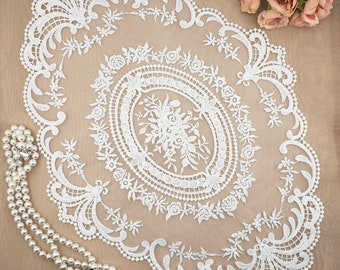 White Oval Doily with Net Lace, Scalloped Edges, and White Flower Embroidering in the Center (12" x 16.5" inches)