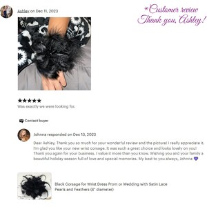 Black Corsage for Wrist Dress Prom Homecoming or Wedding with Satin Lace Pearls and Feathers Bracelet and Wrist Tie Options avail 4 dia image 10