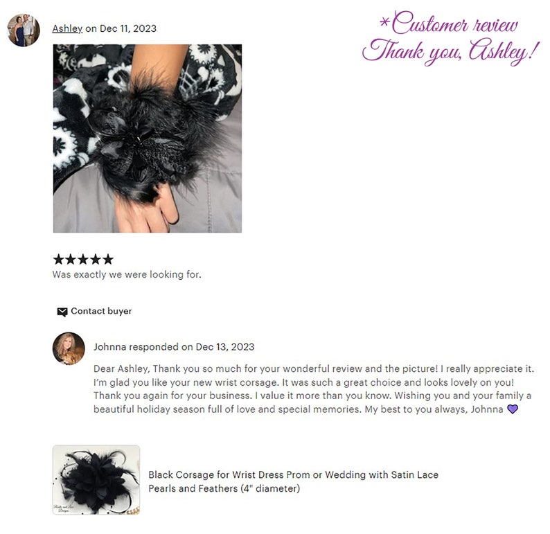 Black Corsage for Wrist Dress Prom Homecoming or Wedding with Satin Lace Pearls and Feathers Bracelet and Wrist Tie Options avail 4 dia image 10