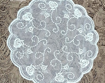 Vintage-Style Round White Table Doily with Net Lace, Scalloped Edges, and Delicate Embroidering (Ever so Slightly Oval at 11.5 x 11 3/4")