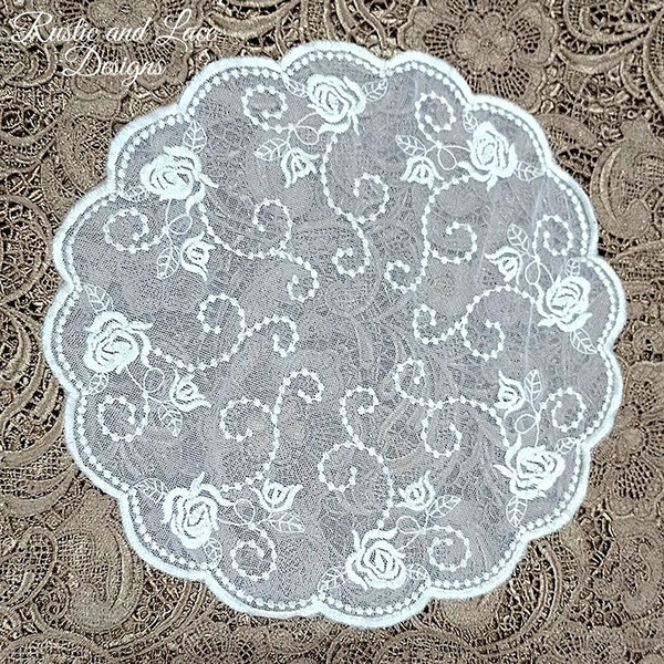 Vintage-Style Round White Table Doily with Net Lace, Scalloped Edges, and Delicate Embroidering (Ever so Slightly Oval at 11.5 x 11 3/4")