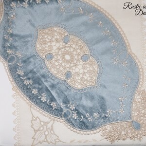 Velvet Powder Blue Doily with Champagne Ecru Lace and Intricate Embroidering (12" x 21" inches) ~ Beautiful!!!