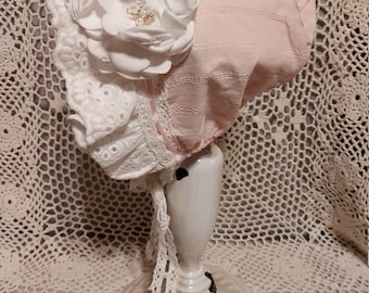 Pink Baby Girl Bonnet ~ 3-12 months old ~ Soft Cotton, Ruffles, and Lace ~ NEW ~ Ready to Ship (Pink A)