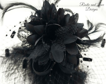 Large Black Corsage for Wrist Dress Prom or Wedding with Satin Pearls Netting and Feathers ~ 5" diameter (*excludes length of the feathers)