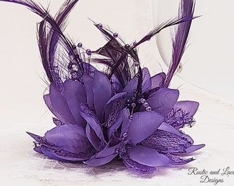 Dark Purple Corsage for Wrist Dress Prom or Wedding with Satin Lace Pearls and Feathers (4" diameter) (B)