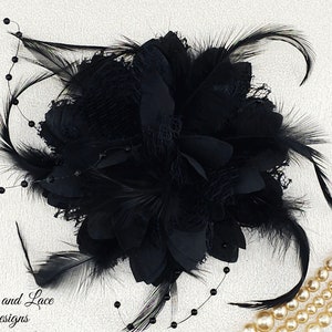 Black Corsage for Wrist Dress Prom Homecoming or Wedding with Satin Lace Pearls and Feathers Bracelet and Wrist Tie Options avail 4 dia image 3