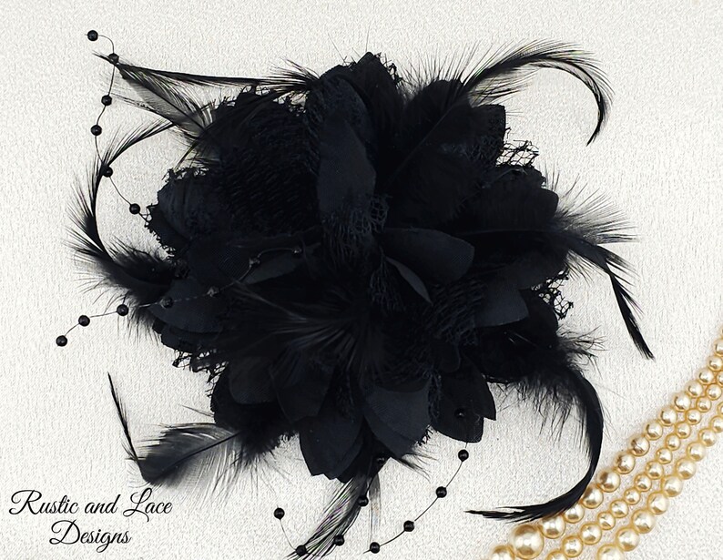 Black Corsage for Wrist Dress Prom Homecoming or Wedding with Satin Lace Pearls and Feathers Bracelet and Wrist Tie Options avail 4 dia image 3