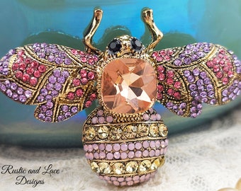 Pink Champagne Bee Brooch Pin Accented with Pink Purple and Champagne Colored Rhinestones (Large 2 1/4" x 1 1/2") (P1)