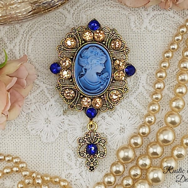 Blue Cameo Brooch in Gold with Blue and Champagne Rhinestones ~ Victorian Style Period Piece ~ Fashion Brooch ~ Beautiful! (1.63"x2.88") (D)