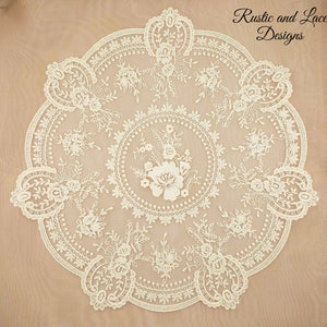 Creamy Vanilla Round/Slightly Oval Doily with Elegant Scrollwork, Intricate Embroidering & Scalloped Edges (11.75"x12.75" dia)