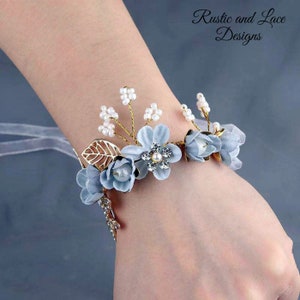 Dusty Blue Wire Bracelet Corsage with Flowers Pearls Rhinestones Beads & Ribbon Wrist Ties ~ Matching Boutonniere Available (2"x 5")