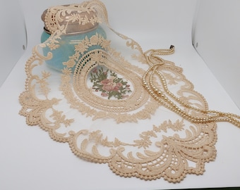 Tea Stained Table Doily with Net Lace, Scalloped Edges, and Cream and Mauve Flower Embroidery (12" x 16" inches)