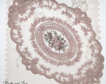 Dusty Pink Table Doily in Net Lace with Scalloped Edges, Intricate Embroidering, Soft Pink and Rose Flowers in the Center (12"x16.5" in)