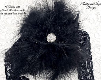 Oversized Black Feather Corsage w Added Extra Feathers, Bracelet/Wrist Tie Options & Center Stone Option (5&quot; dia x 3-4&quot; tall)