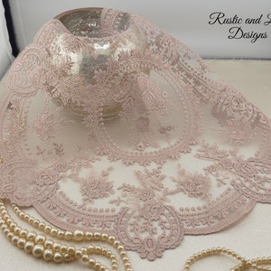 Vintage-Inspired Dusty Pink Round Doily ~ Net Lace, Scalloped Edges, Intricate Embroidering ~ Beautiful! (12.63" in diameter)