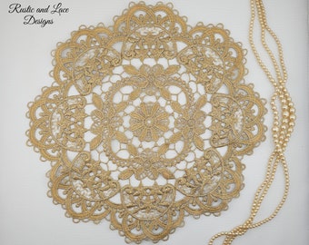 Vintage-Style Shimmering Gold Round Hollow Lace Doily with Scalloped Edges, Intricate Stitching and Embroidering (11.65" inches dia)