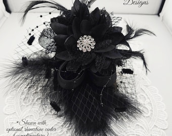 Large Black Feather Corsage with Beads for Prom Dance Homecoming ~ 5&quot; dia. (plus length of bottom feathers) ~ Matching Boutonniere Avail