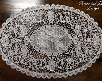 White Oval Table Doily with Lace, Scalloped Edges, and Delicate Embroidery (Large 16. 25" x 12" inches)