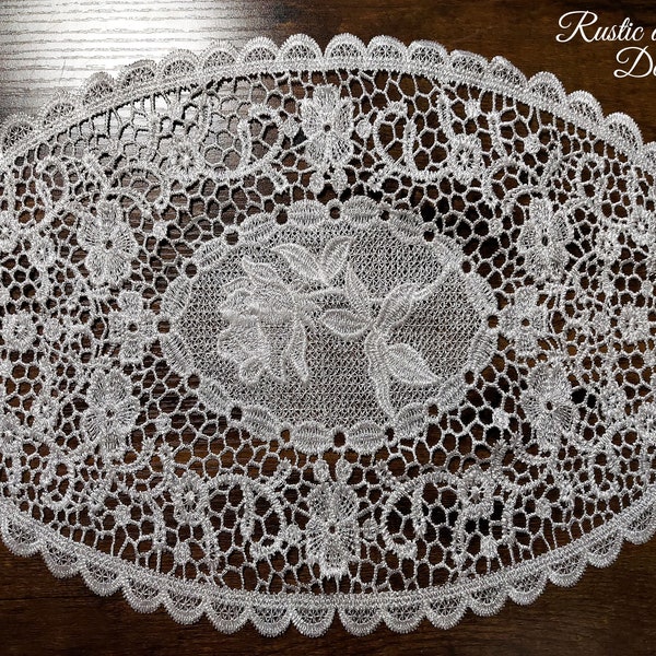 White Oval Table Doily with Lace, Scalloped Edges, and Delicate Embroidery (Medium 10.75" x 15.5" inches)