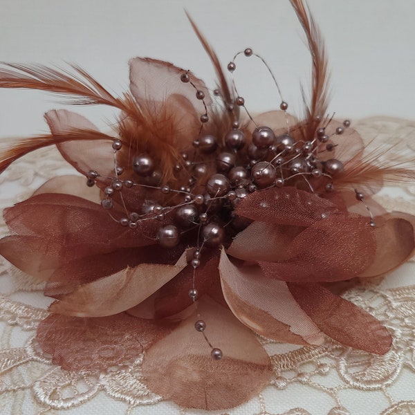 Brown Corsage made with Organza, Pink Feather Accents, and a Pearl Center for Wrist Dress Prom or Wedding (4" diameter) ~ Ready to Ship