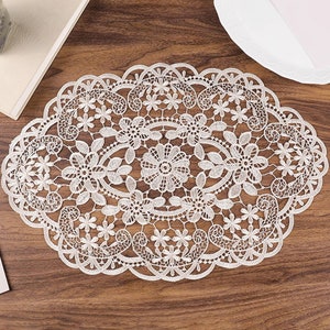 Light Ecru Beige Hollow Lace Oval Doily with a Hint of Gold 12 x 18 inches image 7