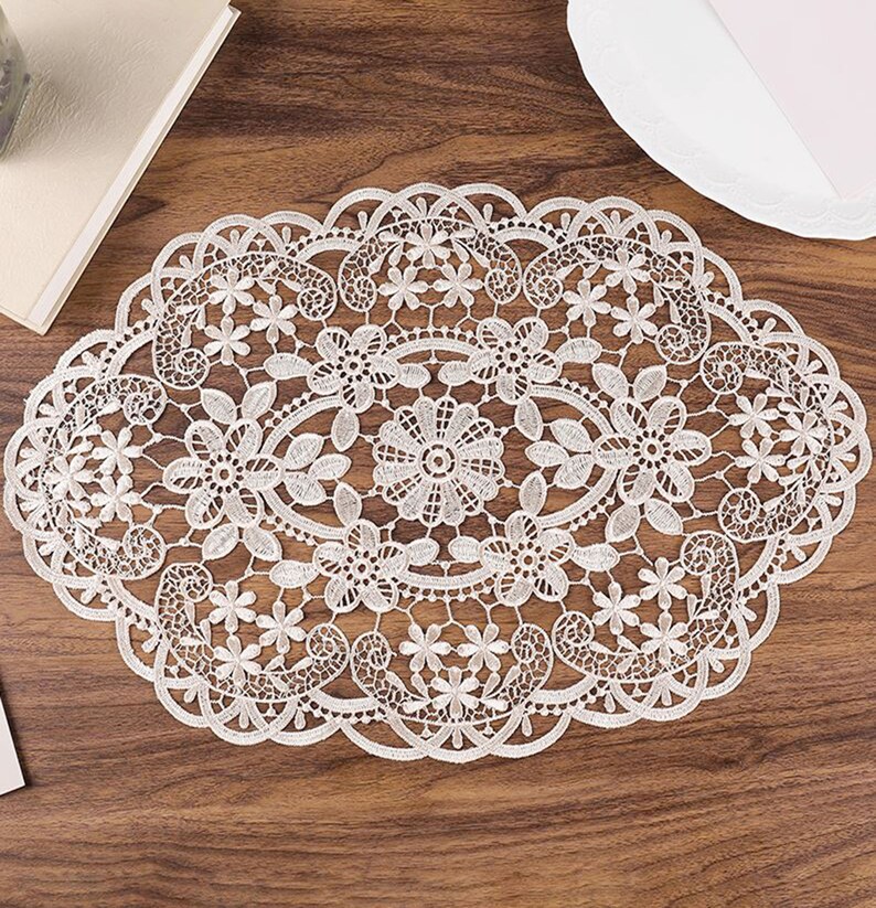 Light Ecru Beige Hollow Lace Oval Doily with a Hint of Gold 12 x 18 inches image 7